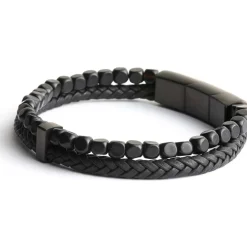 Bracelet homme Gemini agate noire/cuir M-L
