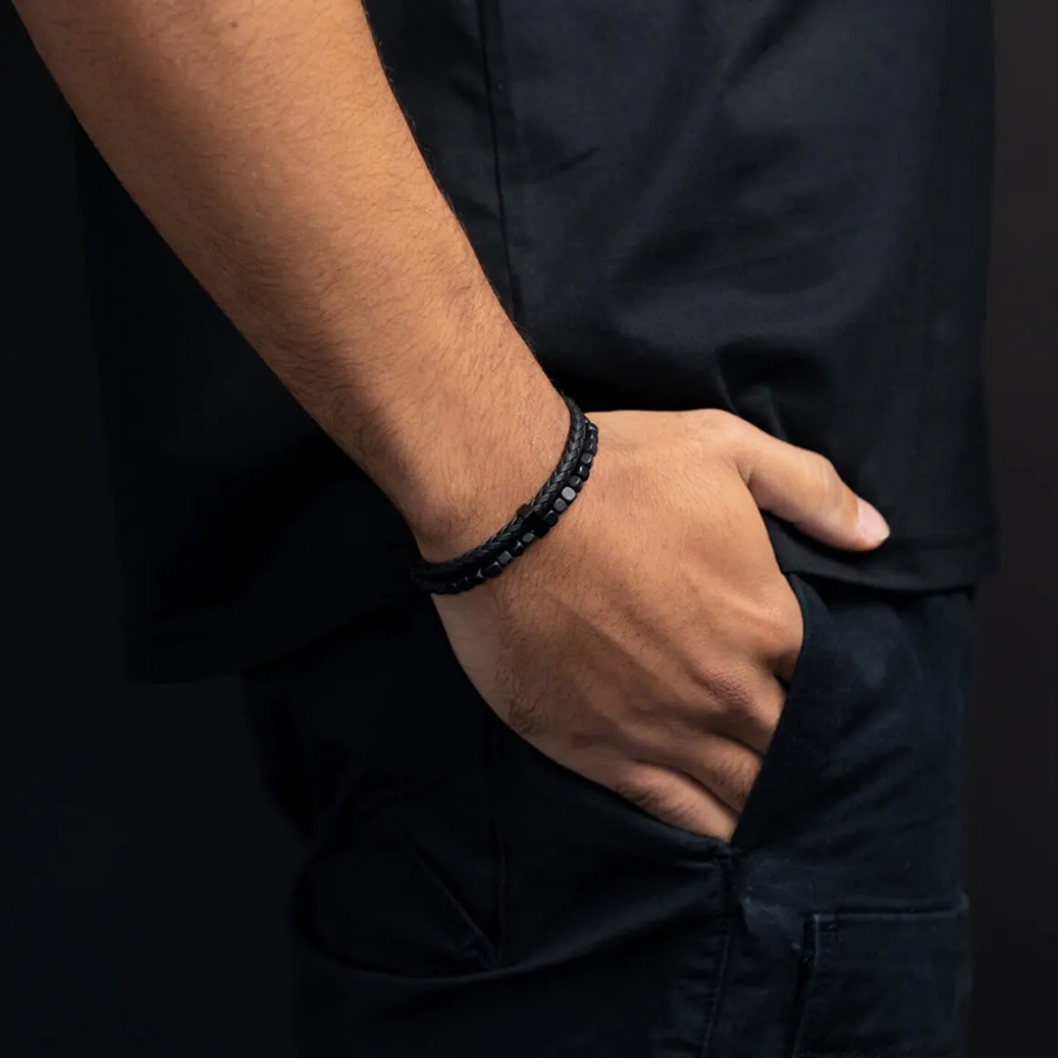 Bracelet homme Gemini agate noire/cuir M-L
