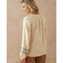 by - Blouse boutonnée brodée avec lin